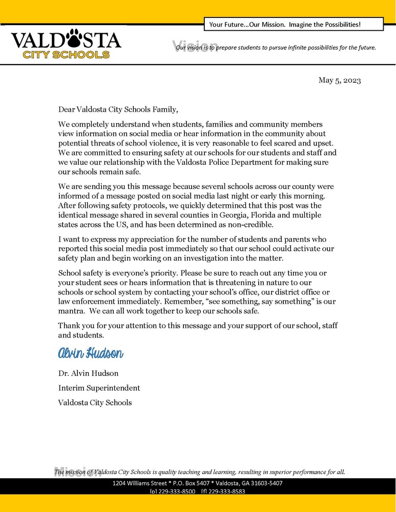 Letter from Interim Superintendent