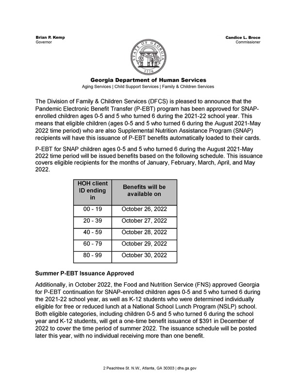 Updated P EBT Info for Georgia Valdosta City Schools